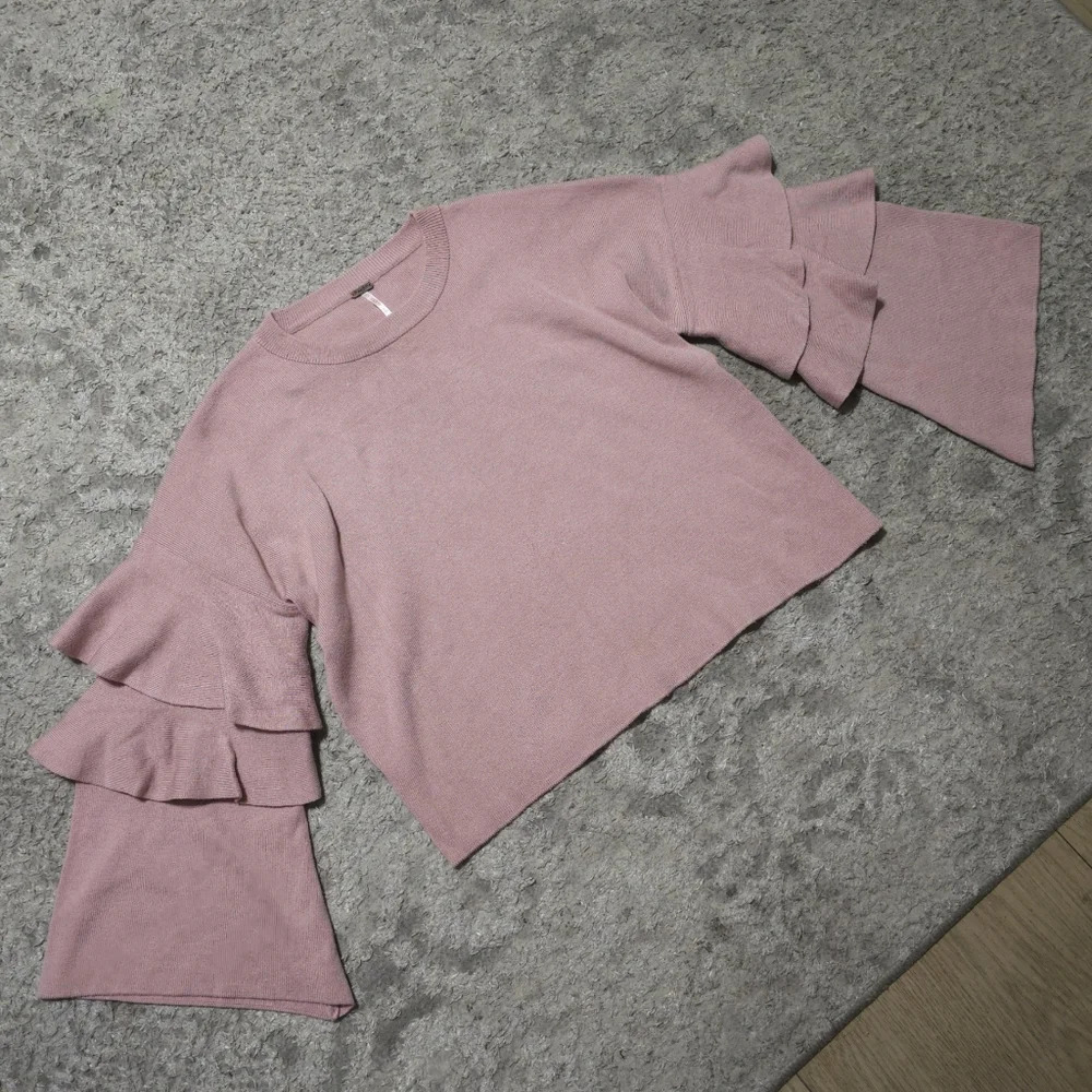 ✨️4/$20 POOF! Dusty Mauve Cropped Knit Crewneck Sweater Long Tiered Bell Sleeves - Picture 9 of 14